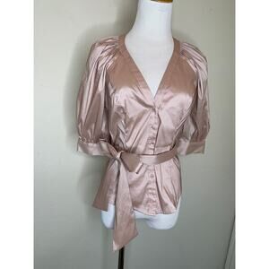 Bebe Tan Blouse Tie Neck Belt Sz Small Button Front Preppy Work